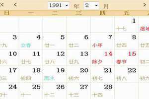 1991年日历农历阳历表(1991年日历)